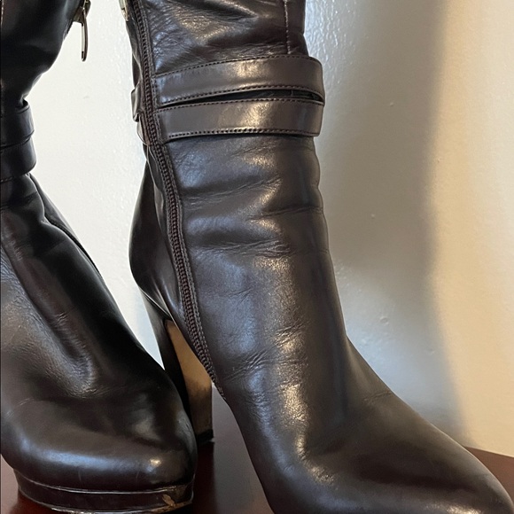 Brown Leather Knee High Dress Platform Heeled Boots Shaft 14.75 inches - Picture 3 of 5